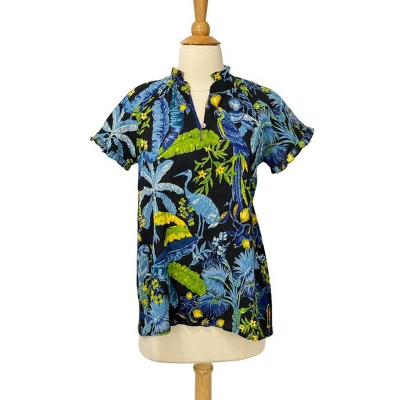 Banjanan Anthropologie Blue Bird Ruffle Top Short Sleeve Tropical Cotton Size XS - Picture 8 of 8
